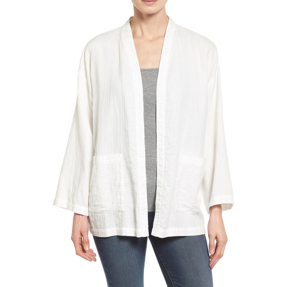 EILEEN FISHER White Organic Cotton Gauze Boxy Long Jacket L
